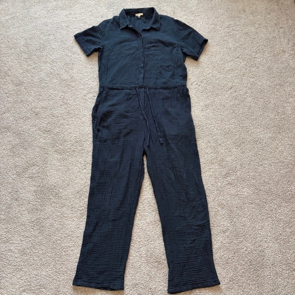 Eileen Fisher Cotton Gauze Jumpsuit‎ Womens S Blue Beach Casual Short Sleeve